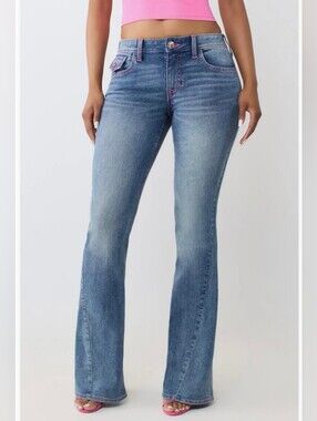 💜TRUE RELIGION Joey Ladder Flap Flare Jeans Women’s Y2K Medium Blue Designer